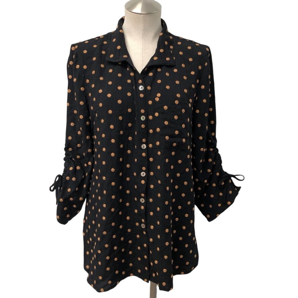 John Mark Button Down Shirt Womens M Black Brown Polka Dot Cinched Sleeve NEW